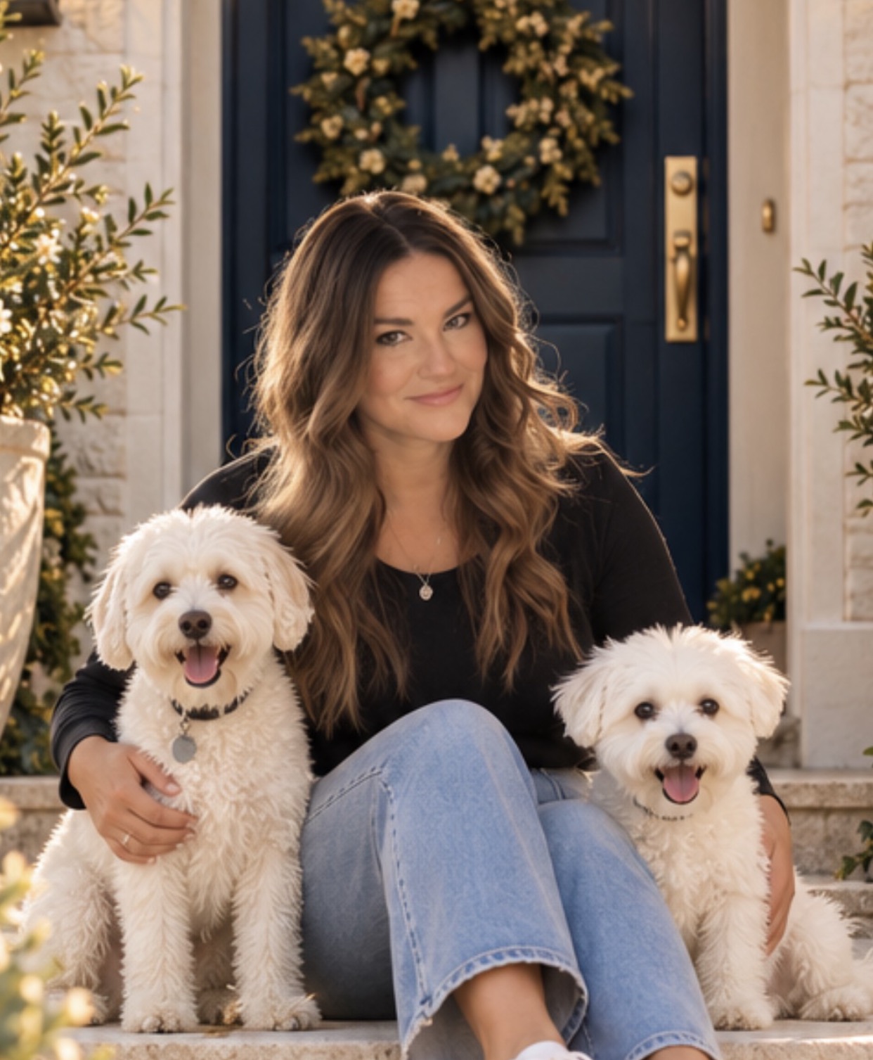 Emma with her two dogs on the front steps of a home